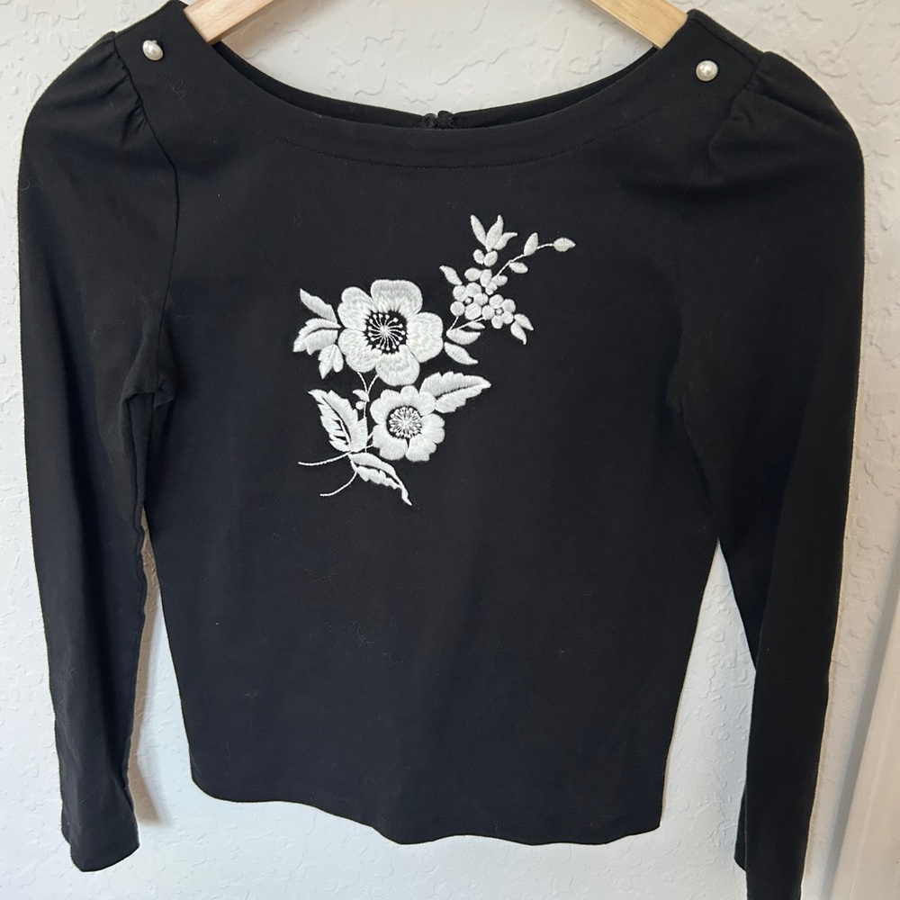 Janie and Jack, Embellished Long-sleeve Black Tee, Girls Size 12